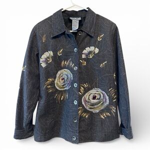 Vintage Y2K Era Indigo Moon Floral Bejeweled Embroidered Jacket Size Small